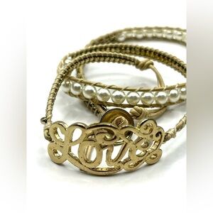 Love Script Simulated Pearl Triple Wrap Bracelet Mixed Metal Leather Cord Wrap